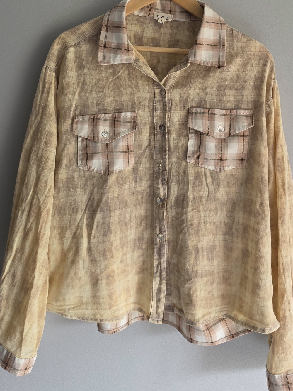 POL Light Yellow Plaid-Trim Button Up Shirt